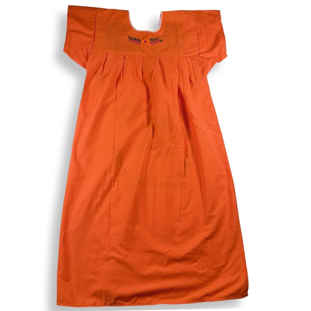 Vintage Mexican Peasant Dress Orange Floral Embroidered Puebla Midi Small - Picture 2 of 7